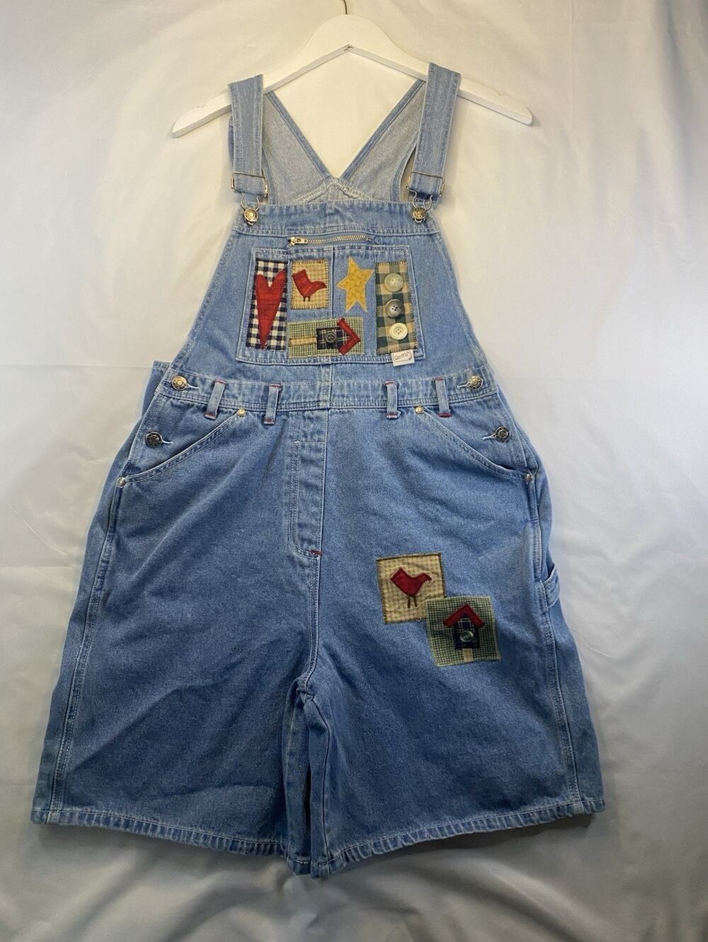 J.L.N.Y Vtg Blue Denim Overall Romper Shortalls Pockets Embroidered Buckle L